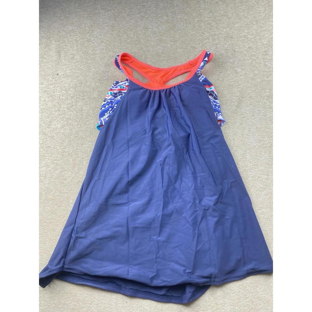 Tankini Top Built in Bra Swimwear Blousy Racer Back Blue Swimsuit Size Large L